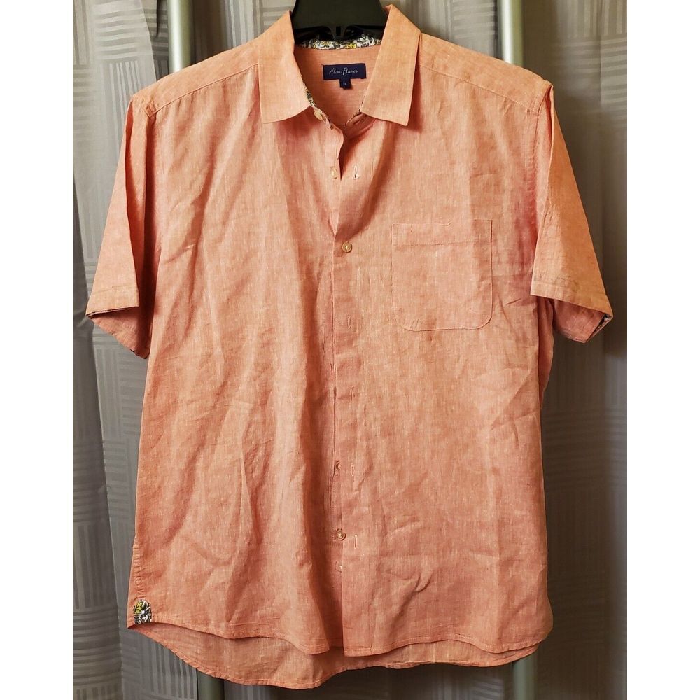 Alan‎ Flusser Linen Button Shirt Men Size XL Summer Pink Classic Workwear Pocket